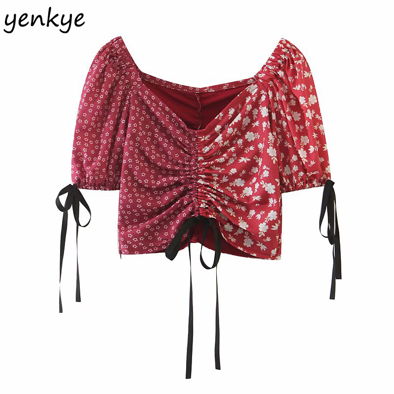 

Vintage Patchwork Floral Print Crop Top Women Front Drawstring Sexy V Neck Short Sleeve Holiday Summer Tops Short Blouse blusas, As the picture