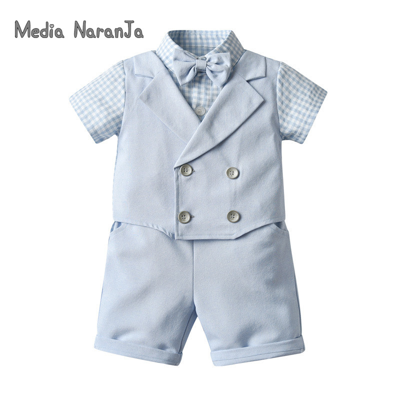 

Summer Gift Clothing Boy Baby Suit Gentleman Short-Sleeved Solid Color Vest Two Piece Suit, Light blue