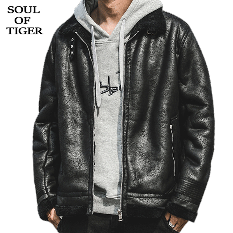

SOUL OF TIGER 2019 Korean Fashion Mens Vintage Leather Jackets Male Faux Fur Coats Winter Pu Clothing Oversized Warm Streetwear, Black