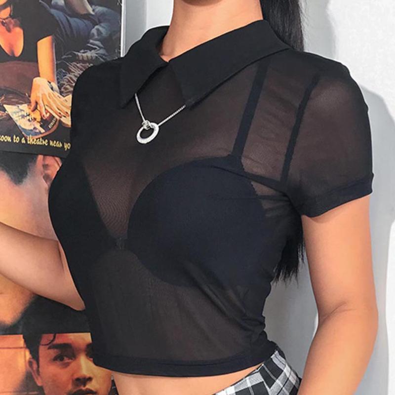 

Women T-Shirt Sexy Perspective Mesh Hollow Out Lace Short Sleeve O-Neck Casual See-through Transparent Crop Tops #C, Black