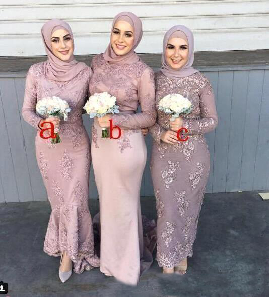 

Muslim Satin Long Sleeve Lace Bridesmaid Dresses With Hijab Applique Sheath Wedding Guests dama de honra adulto Maid Of Honor Dresses BC1713
