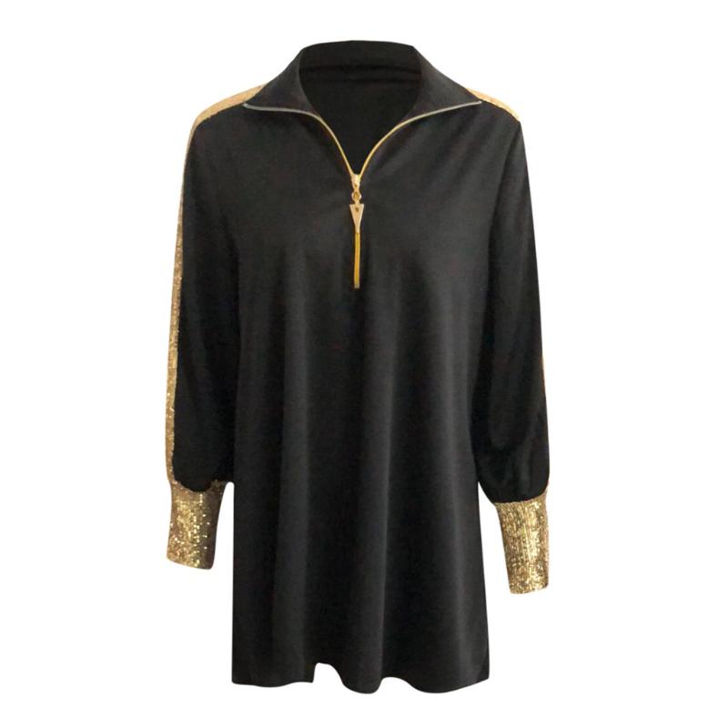 

T-shirts Women Sequins Patchwork Loose Letter Stand Zipper Design Long Sleeve V-Neck Fashion Vintage black Spring Pullover #ZD