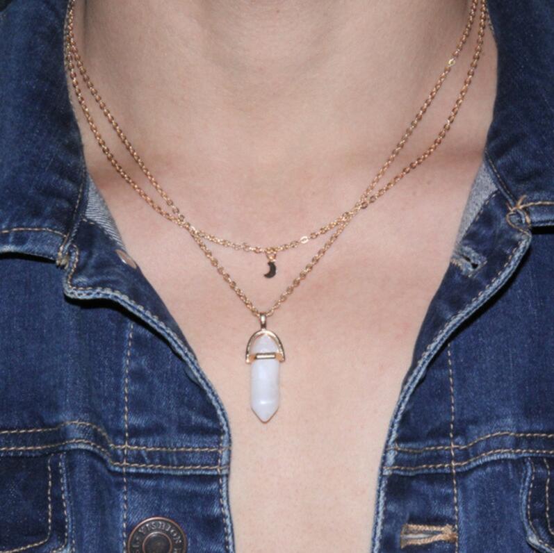 

Long Gold Moon Chains Necklaces for Women Men Fashion Hexagonal Column Natural Crystal Pendants Stone Necklace Jewelry gift Free Shipping