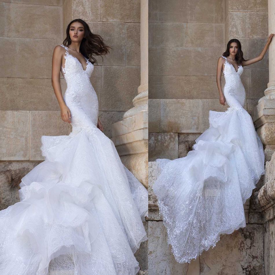 

2021 Elegant Wedding Dresses V Neck Lace Appliques Sequins Bridal Gowns Custom Made Sweep Train Mermaid Wedding Dress Robe De Mariée, Silver