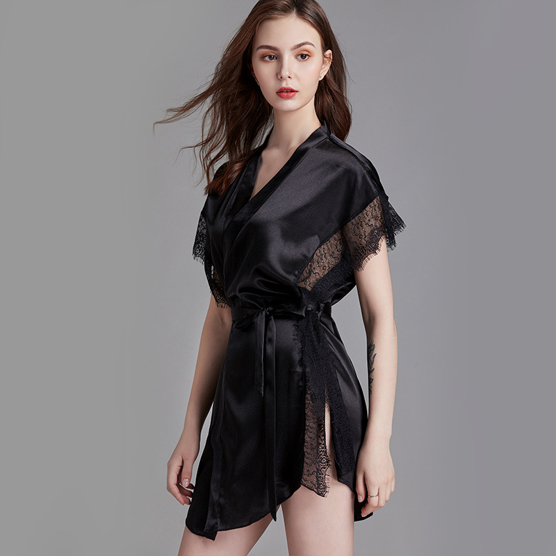 

Silky Nighty Robe Womens Lace Kimono Nightshirts V-Neck Pajamas Sleepwear Homewear Wear Home Nightdress Summer Negligee Gown, Black