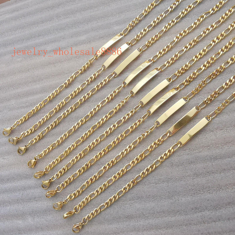

Best selling seller 10pcs Lot Gold Stainless Steel ID Bracelet Silver Thin Curb Link Chain bracelet 4.5mm 8.5'' Unixes women