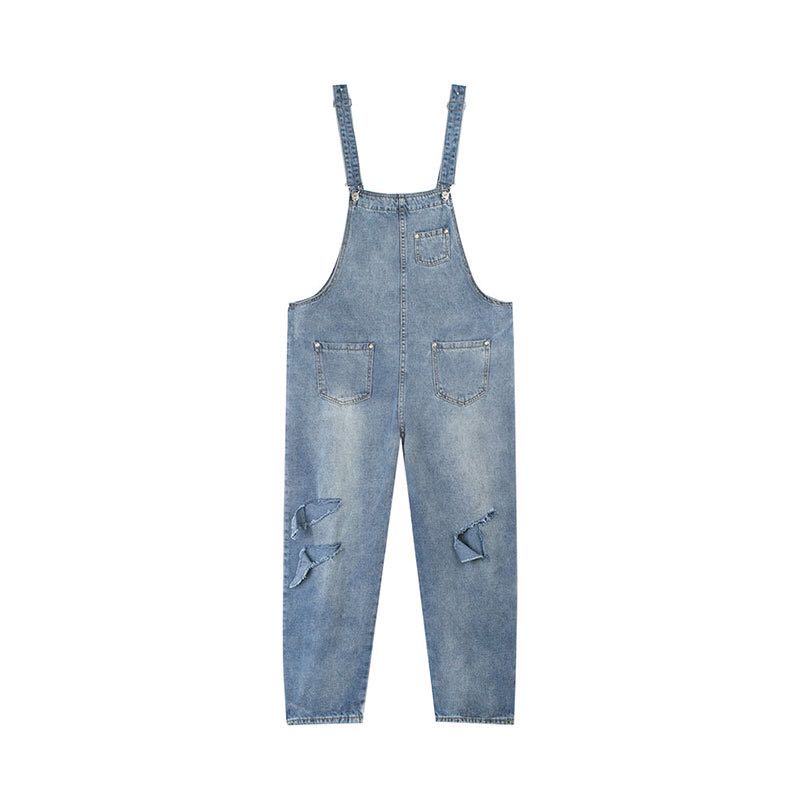 

New trendy men's loose ripped jeans street fashion men's personality hip-hop overalls bib suspenders pants jeans, Blue