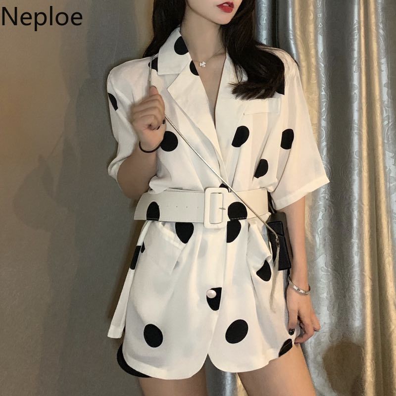 

Neploe Polka Dot Notched Blouse Single Breasted Short Sleeve Women Shirt 2019 Summer Korean Sashes Slim Waist Blouses 52912, Black