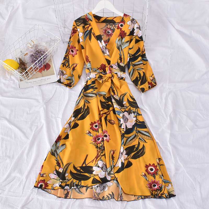 

New Women Kleid Boho Dress Fashion Spring Autumn Long Sleeve Sexy V Neck Bandage Dresses Elegant Ladies Floral Long Robe Vestido