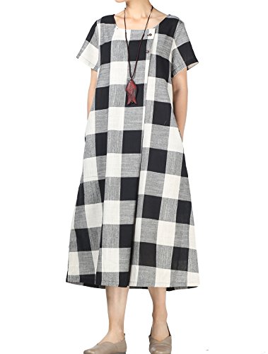 

Mordenmiss Women's Classic Plaid Linen Summer Shirt Dress with Pockets, Black