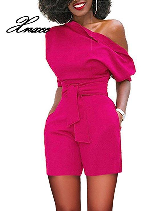 

2020 Women' Hot Sale Explosive Shoulder Buttons Siamese Shorts with Belt, Black