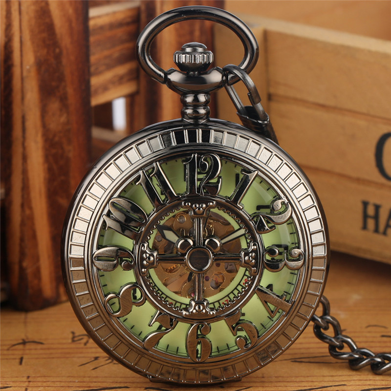 

Steampunk Antique Unisex Hand Winding Mechanical Pocket Watch Hollow Arabic Number Case Luminous Hands with Pendant Chain Gift for Men Women, Black