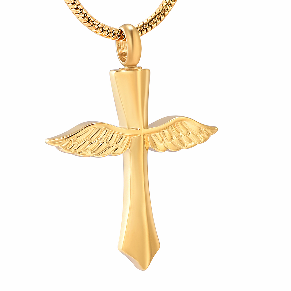 

IJD8654 Gold Color Wing & Cross Cremation Necklace for Men Women, Loss of Love Memorial Urn Locket Human Ashes Holder Keepsake Jewelry