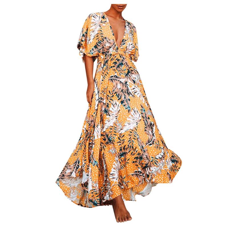 

SAGACE Yellow Dress Women 2020 Sexy Floral Print Vintage Dress Women Elegant V Neck Loose Lady Blackless Long beach wear