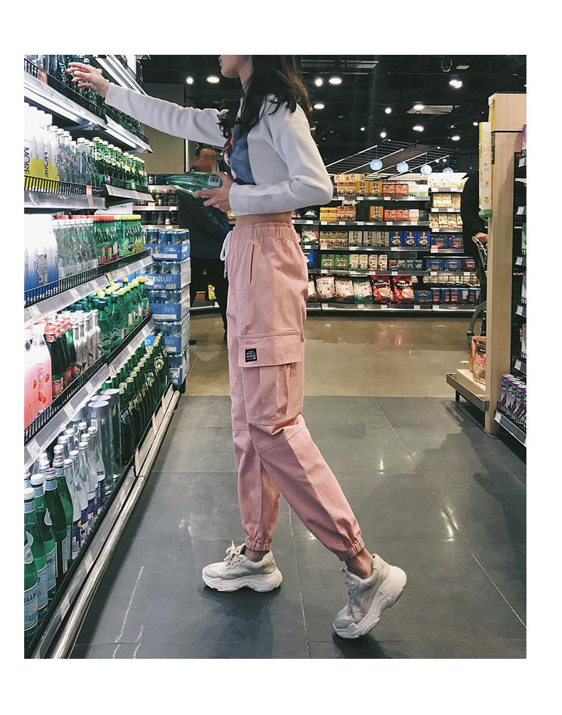 

Cotton High Waist Cargo Pants Spring Pink With Pocket New Fashion Female Trousers