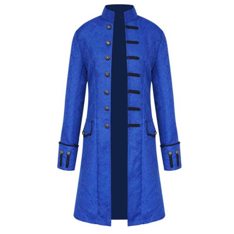 

Men's Trench Coats Gentlemen Men Coat Steampunk Jackets Medieval Costume Long Sleeve Gothic Brocade Jacket Frock Vintage Stand Collar, Blue