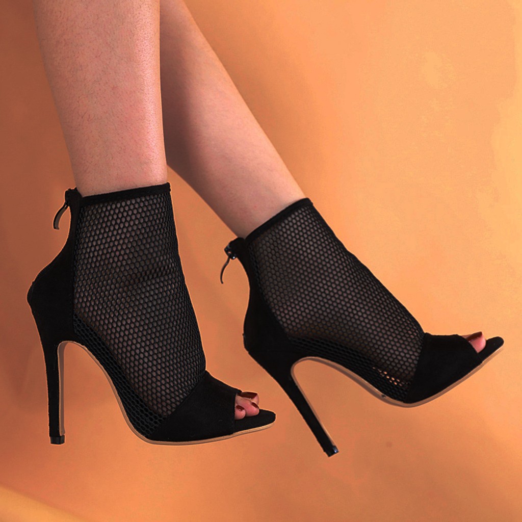 

2020 Ladies Sandals Fish Mouth Mesh Stiletto High Heel Summer Fashion Boots Plus Size Sandalias Casual Pumps Banquet Shoes Woman, Black