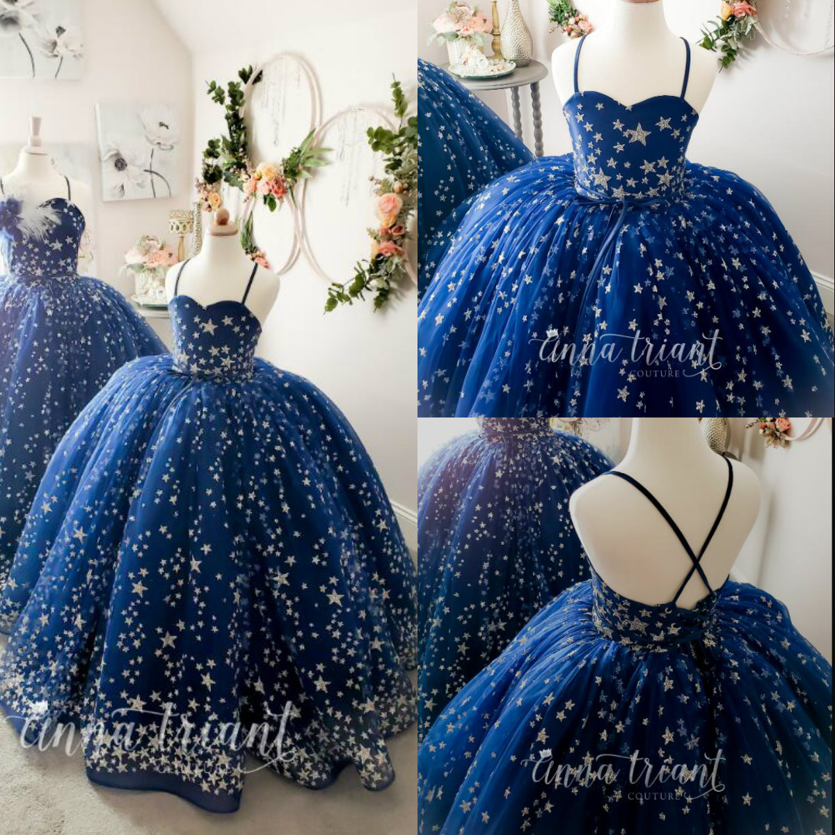 

Blue Star Ball Gown Flower Girl Dresses For Wedding Tulle Appliqued Luxury Girls Pageant Gowns Spaghetti Custom Made First Communion Dress, Grape