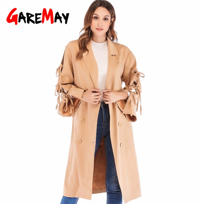 

2019 New Spring Autumn Fashion Trench Femme Long Outerwear Loose Clothes for Lady with Tassel Bow Khaki Trench Coat for Women