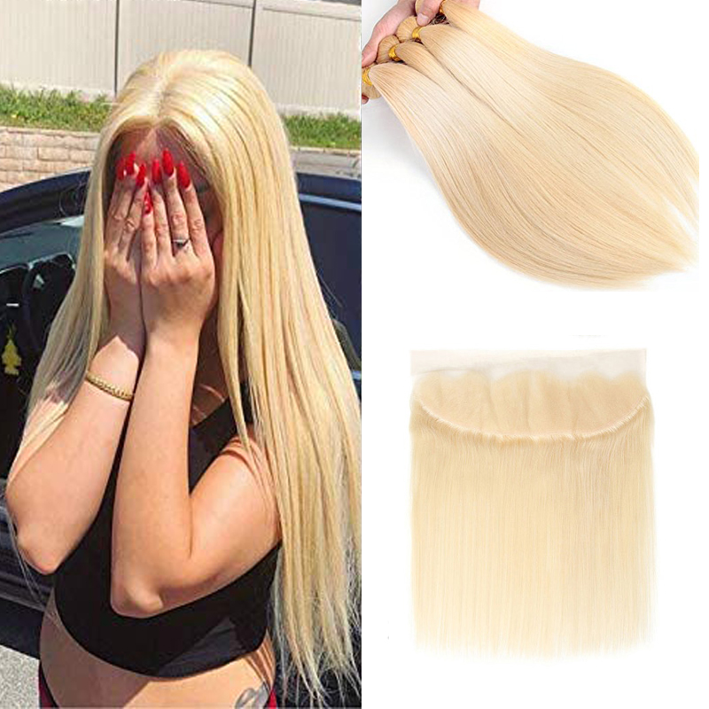 

Brazilian Virgin Hair Bundles with Closure 613 Blonde Silky Straight Human Hair 3 Bundles with 13*4 Lace Frontal Closure Ear to Ear