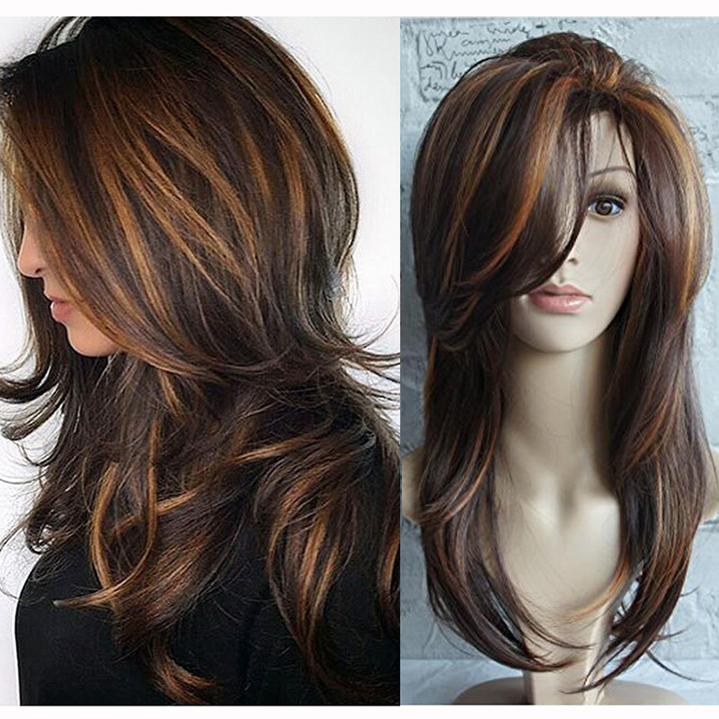 

Gres Long Wavy Synthetic Wig Natural Highlight Multi Color Wig Afro for Women High Temperature Fiber Female Peruca, Brown