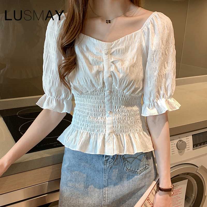 

Korean Elegant Peplum Top Women 2020 Summer New Arrival Fashion Short Sleeve Plain Casual Blouse White Blue Shirt