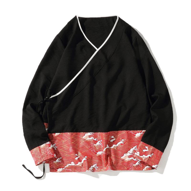 

Chinese style cotton spring autumn cardigan large size loose imitation Japanese Hanfu casual shirt men long sleeve shirt, Black