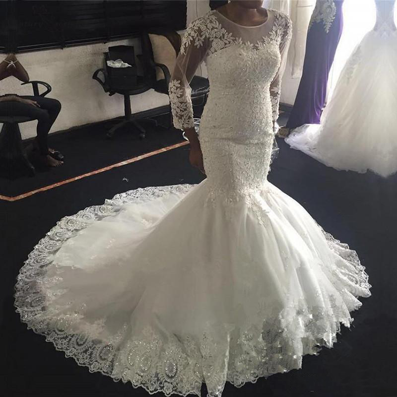 

Custom Arabic Long Sleeves Lace Mermaid Wedding Dresses 2020 with Beaded Appliqued Sequins Jewel Neck Tulle Sweep Train Wedding Bridal Gowns, White