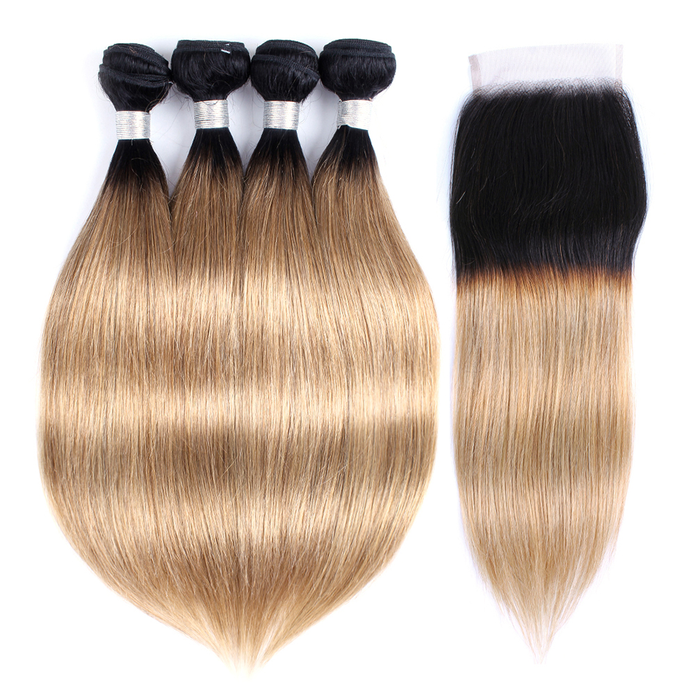 

Ombre Straight Hair Bundles With Closure 1B 27 Honey Blonde Brazilian Virgin Hair 4 Bundles With 4x4 Lace Closure Remy Human Hair Extensions