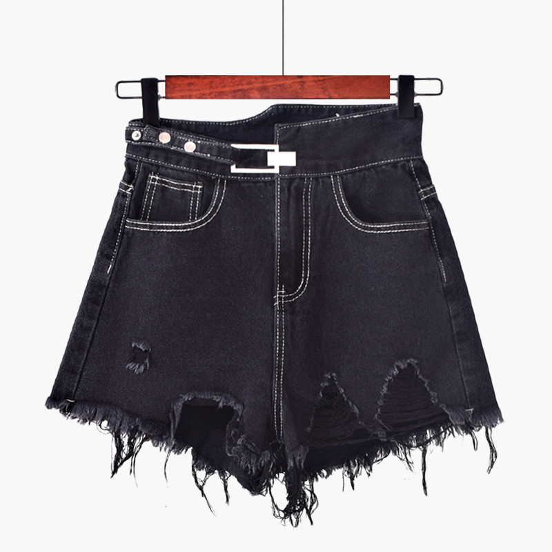 

Black Solid Fringe Wrap Knot Hole Denim Shorts Summer Zipper High Waist Skinny Sexy Mini Shorts Women Short Jeans Girl Goth