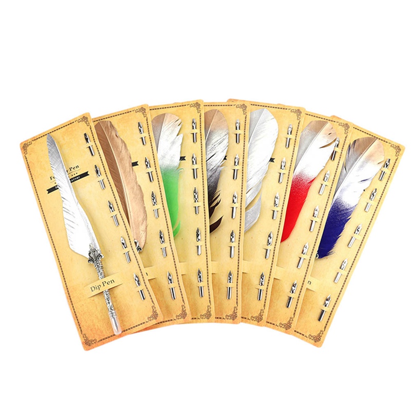 

2019 Creative Feather Dip Fountain Pen Chancery Quill Oblique Pens +5pcs Nib Carved Metal For Fancy Font Calligraphy Vintage Pen, Red