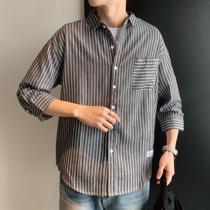 

Short-sleeved shirt 2019 summer port wind stripe Korean version of the trend handsome sleeve men's loose Thin Chinese Style, Black