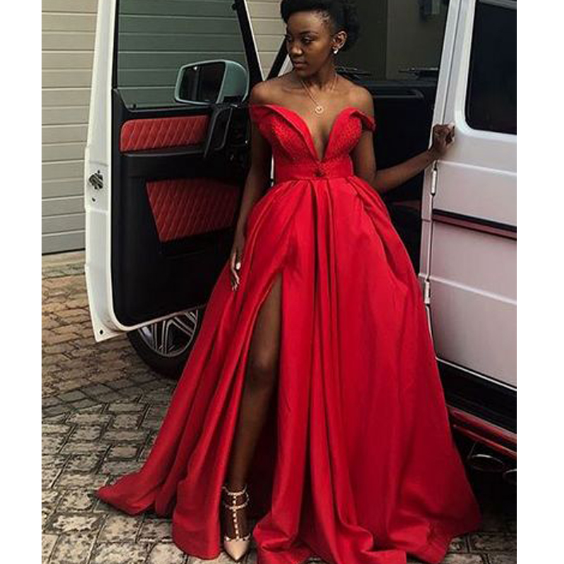 

2020 Off Shoulder African Girls A Line Prom Gowns Sexy Side Split Evening Dresses Fashion Custom Made Formal Gowns, Pink