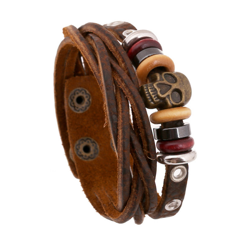 

Punk Fashion Skull Beads Bracelet Cuff Men Rock Wide Wristband Weave Multilayer Leather Vintage Gothic Women Bangle Jewelry Gift