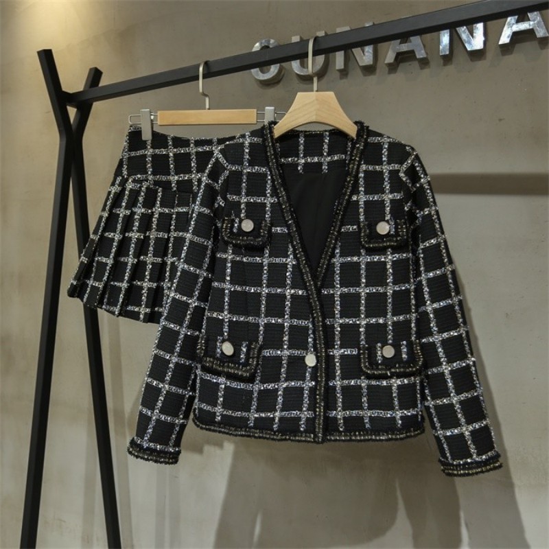 

Elegant Qualities Womens Autumn Winter Plaid Tweed Sets Fashion Long Sleeve Single Button V-Neck Short Coats Slim Fit A-Line, A line skirts