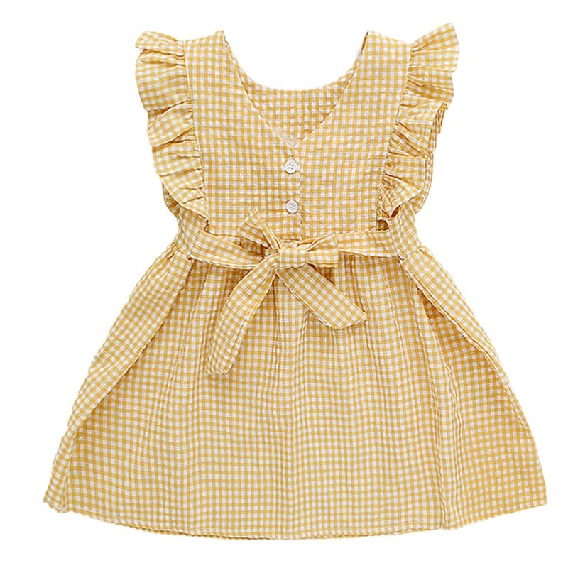 

2020 Toddler Infant Children Baby Girl Plaid Dress Summer Sleeveless Backless Ruffle Cuff Princess Clothes Back Button Dresses, Blue