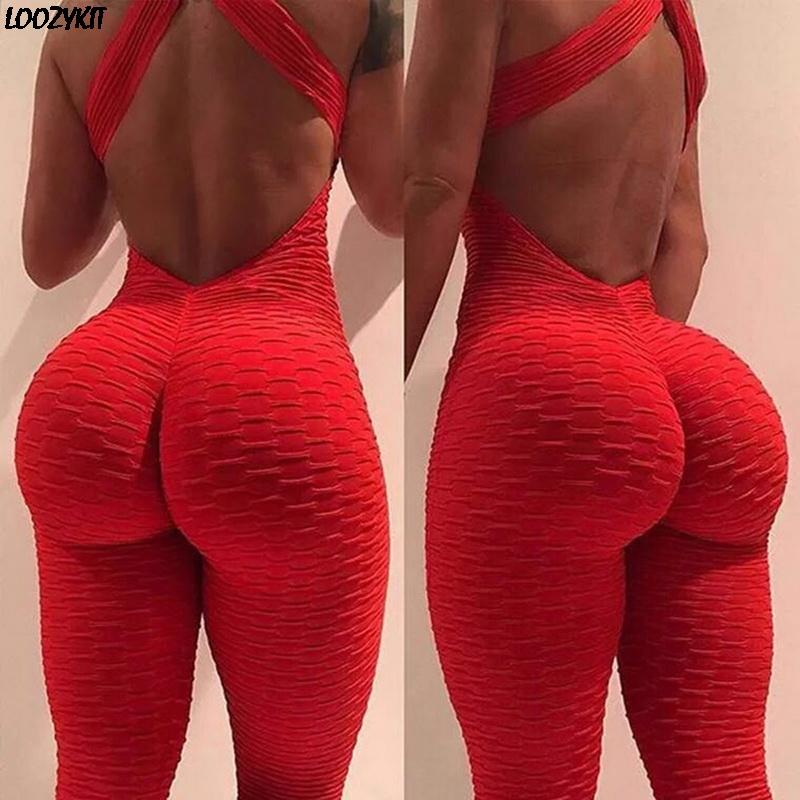 Sexy Halter Women's Tracksuit Yoga High Waist Play suit Slim Sport Backless Top Running Sportswear Pants Push up Jumpsuit