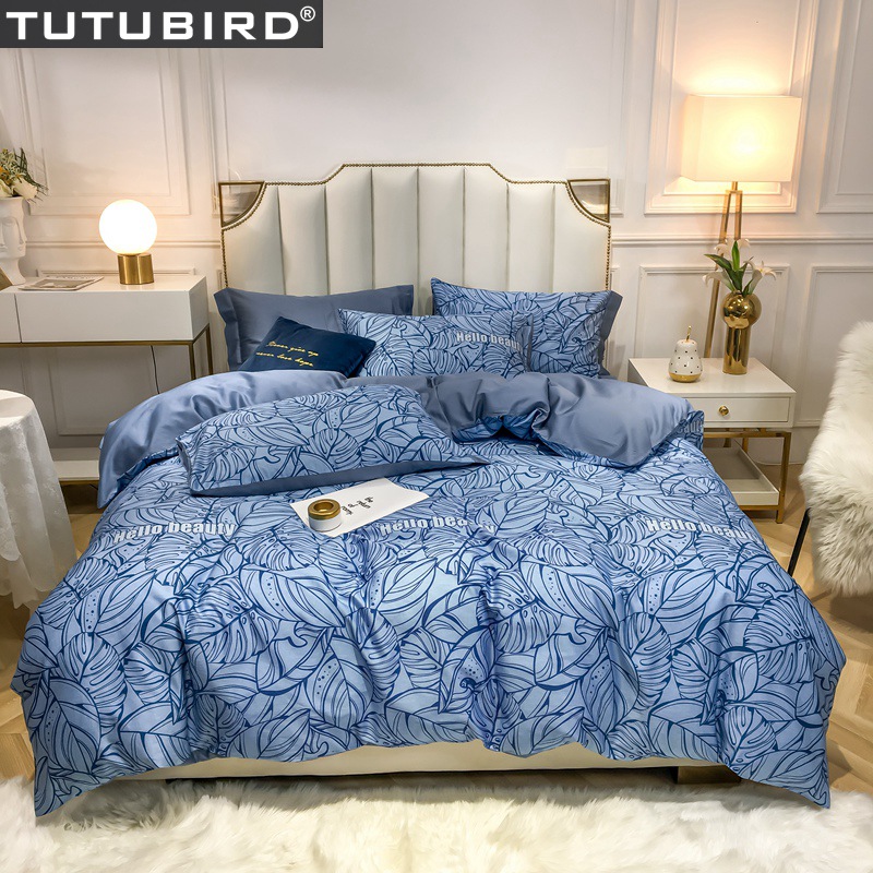 

Blue leaf print satin bedspread 4pcs bedsheet queen  size Egyptian cotton bedding set pastoral duvet cove bed set, As pic