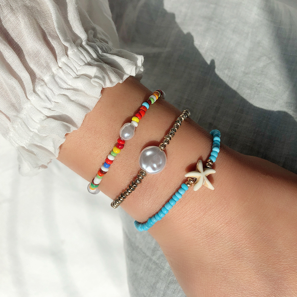 

Handmade national beach style colorful bead bracelet three sets Pearl starfish bracelet footchain