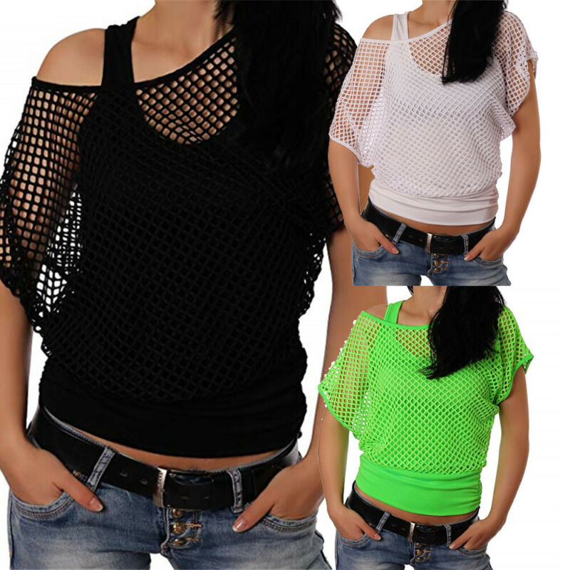 

Sexy Charming Cold Shoulder Fishnet T shirt Fake two-piece stitching Women Ladies Summer Party Casual Daily Plus Size -XXL Tops, Black