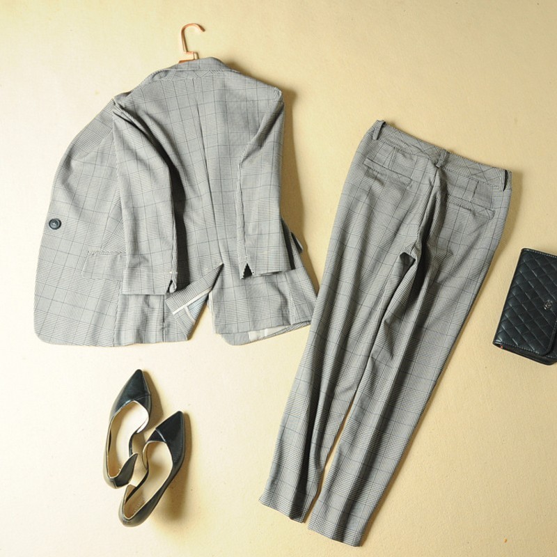 

Fashion Office Ladies Plaid Suit Slim Fit Spring New 2pcs Blazer Pants Suits Vintage Business Work Outfits Set Ensemble Femme