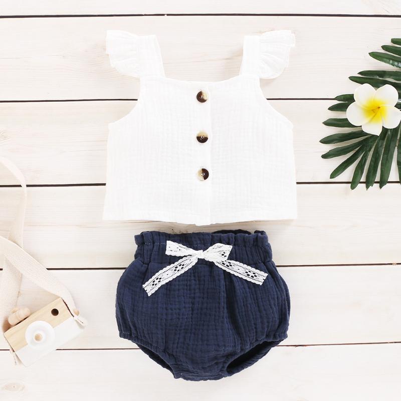 

Baby Girls Summer Clothes Set Infant Baby Girls Sleeveless Button Solid Suspender Tops+Bowknot Shorts Outfits ropa de, White