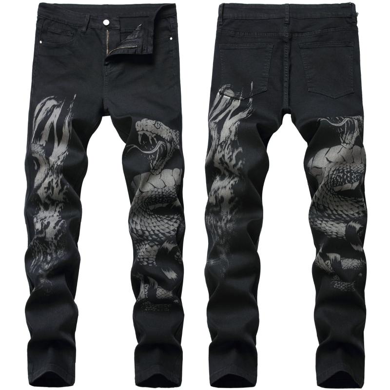 

New Style Printed Jeans Men Hot-selling Design Snake Head Pattern Figure Denim Pants Male Slim Black Straight Slim Jeans Cotton