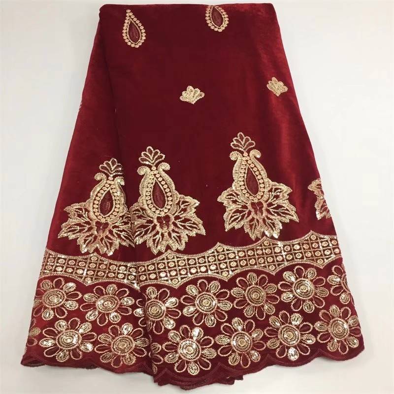 5yards/pc,Hot sale wine velveteen material african soft velvet fabric with gold sequins flower pattern for clothes CFV1-image-459910067