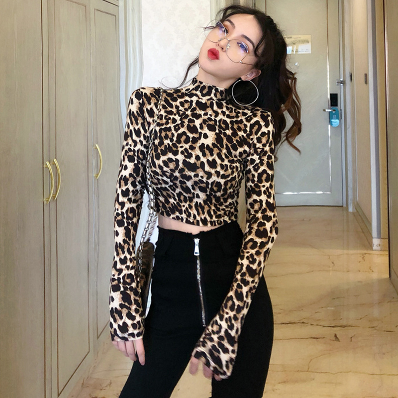 

Bella Philosophy 2020 Autumn New Leopard Women Sexy Short Shirts Lady Zebra Korea Long Sleeve Top Female Turtleneck T-shirts, Zebra pattern
