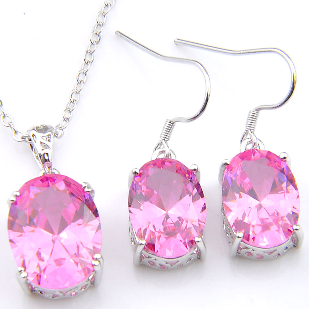 

LuckyShine 5 Sets Ellipse Pink Kunzite Hot Earrings and Pendant 925 Silver Necklace Women Fashion Wedding Sets FREE SHIPPIN