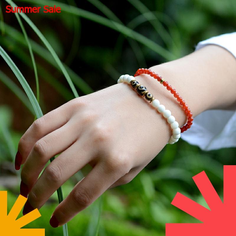 

Beaded, Strands Tibetan Bead Bracelet Charm For Women Double Red White Color Stone Dzi Pendant Chain Causal Style Fashion Jewelry 2021