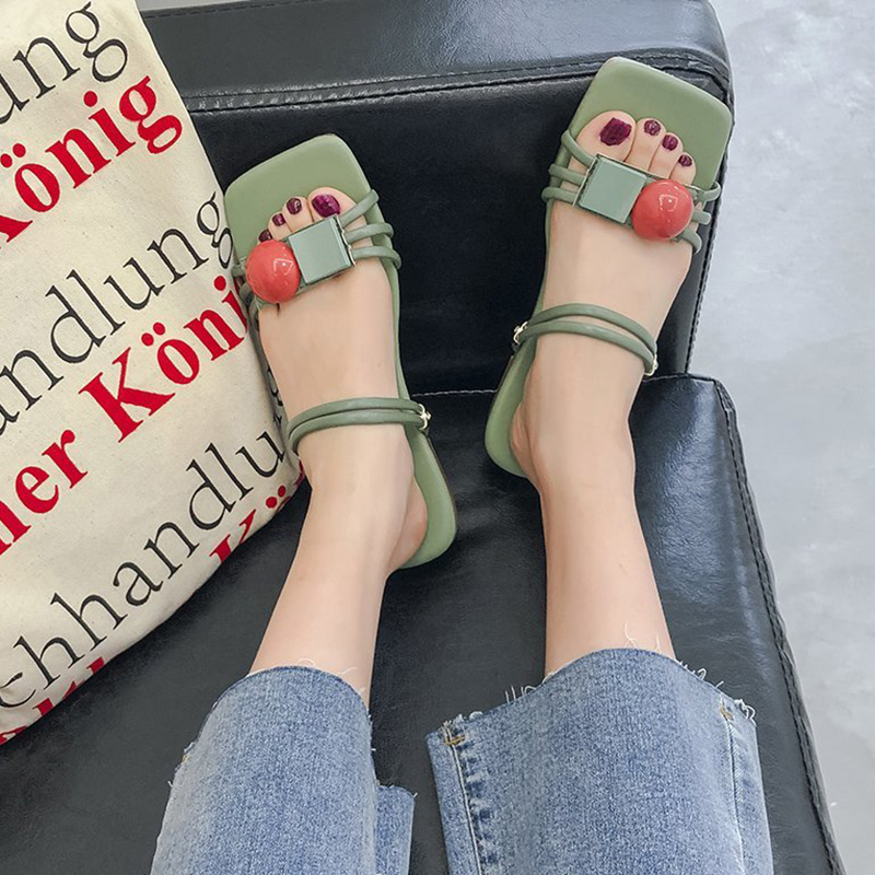 

New Summer Women Sandals Girl Beach lovely Slippers Outdoor Casual Flip Flop Green Shoes Square Toe Slip On Flats, Beige