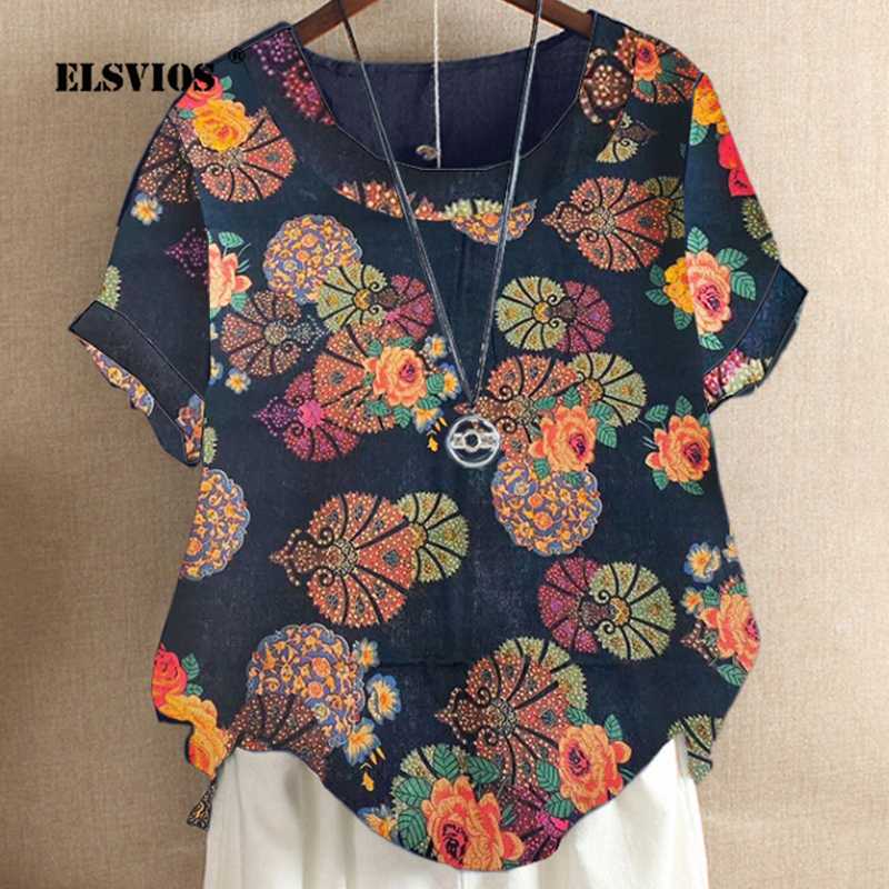 

2020 Summer Daisy Print Buttons Blouse Shirts Elegant O-neck Cotton Linen Blouses Women Short Sleeve Top Pullover Blusa Feminina, 01 orange
