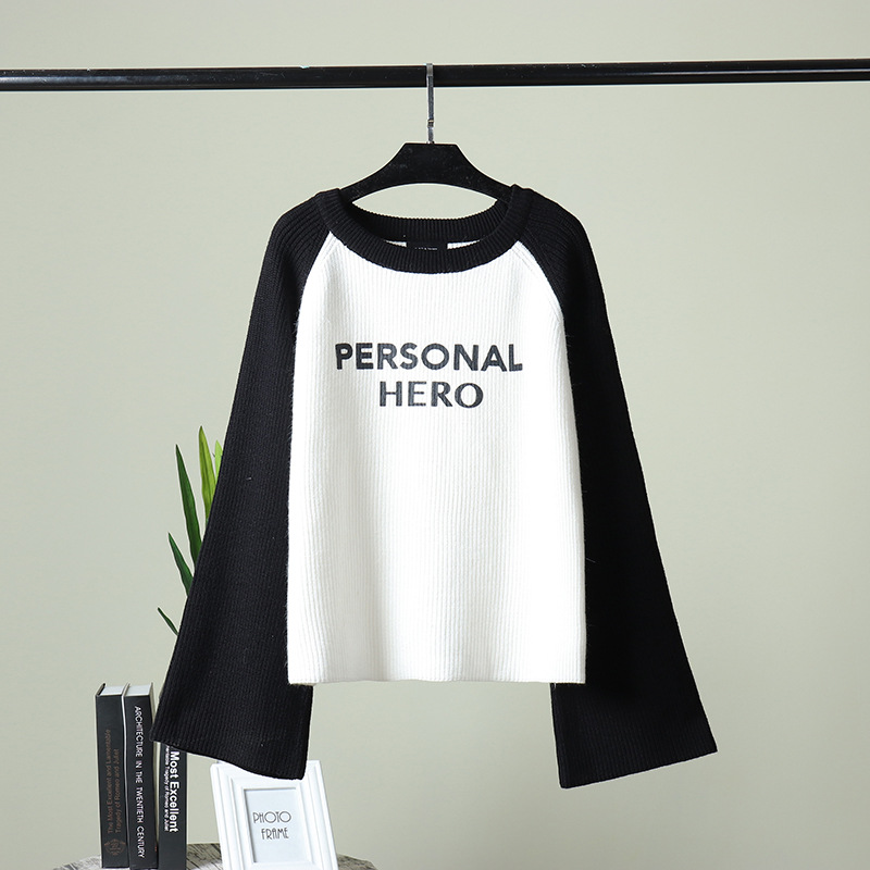 

Autumn Winter Fashion Letter Round Neck Loose Sweater Trumpet Sleeves Thick Section Color Pullover Sweater Women, Black